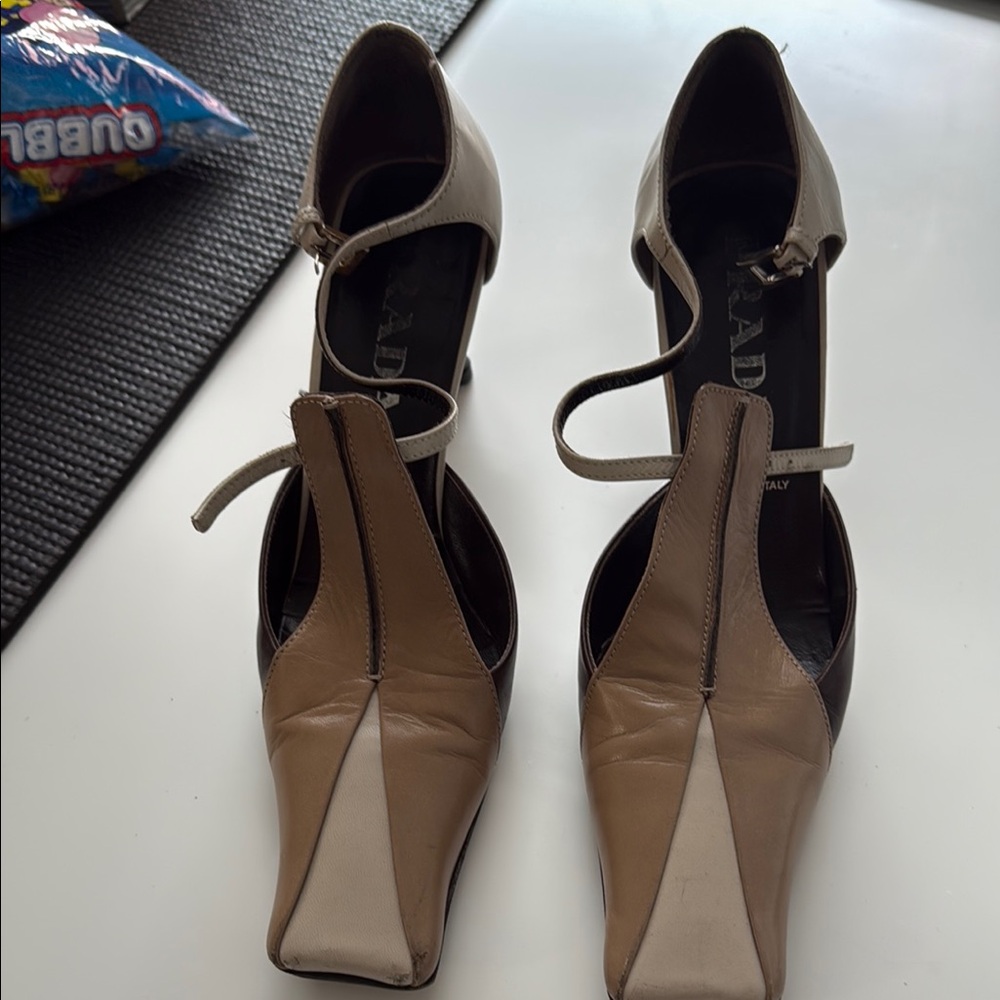 Prada Tan Heels with Square Toe Design